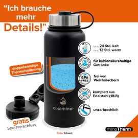 Coolrhino Stainless Steel Thermal Water Bottle, 530 ml / 950 ml, for Sports, Outdoors and Children, Insulated Flask, BPA-Free, Thermos Flask, Double-Walled, Incl. Sports Lid - Leak-Proof Stainless Steel Drinking Bottle, blue, 530ml