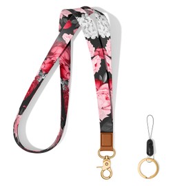 Hsxnam Neck Lanyard Key Chain, Long Lanyard Strap Keychain Holder for Women Men Car Keys ID Badges Card Wallet Phone Camera, Pink Flowers