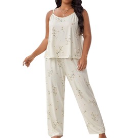 WDIRARA Women's Plus Size Sleepwear Floral Print Sleeveless Cami Top and Pants Pajama Set Apricot 3XL