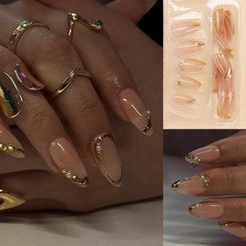 24 Pcs French Tip Press On Nails Medium Almond False Nails With Pearls Design Gold French Line False Nail Full Size Press On