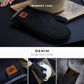 BO877001 Barbary & Oak Denim Single Oven Glove with Leather Detail, Quilted Stitching, Blue