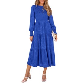 PRETTYGARDEN Women's Fall Spring Midi Dress Long Sleeve Floral Smocked Elegant Wedding Guest Long Flowy Dresses with Pockets (Royal Blue,Medium)