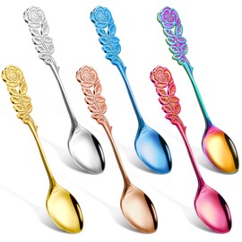 Perthlin 6 Pcs 5.3 Inch Small Tea Spoons Coffee Spoons Fancy Spoons Dessert Stirring Spoons Teaspoons Creative Stainless Steel Rose Handle Spoons (Perthlin-284)