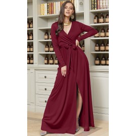 KOH KOH Plus Size Womens Long Sleeve Sleeves V-Neck Slit Split Cocktail Evening Elegant Wrap Winter Fall Wedding Guest Abaya Muslim Gown Gowns Maxi Dress Dresses, Crimson Dark Red 2XL 18-20