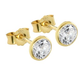 NKlaus Pair of 5.3 mm Stud Earrings 925 Sterling Silver Yellow Gold Plated Zirconia White Women's Earrings 10325, Yellow Gold, Zircon