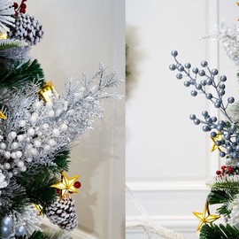 8 Pack Christmas Tree Ornaments Set, Blue and Silver Artificial Glitter Berry Flowers Stem Branches Picks for Xmas Tree Garland Wreath Decoration for Vase Home Holiday Wedding Party (Long and Short)