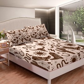 Western Cowboy Bedding Set Full Size Tribal Bull Skull Cactus Snake Bed Sheet for Kids Boys Teens Vintage Rustic Brown Top Flat Sheet Cartoon Stars Sun Print Fitted Sheet 4Pcs,2 Pillowcases