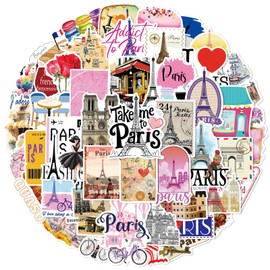 Pack of 50 Paris Stickers Car Laptop Phone Guitar Skateboard Motorcycle Bicycle Eiffel Tower France Stickers Set Vinyl Waterproof Aesthetic Stickers for Teenagers Children Adults