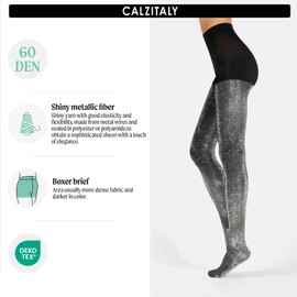 CALZITALY Lurex Opaque Tights, Gold, Silver, Copper, Blue, Bordeaux, Leopard, Shiny Tights, Polka Dot Tights, S/M, L/XL | 20/60 DEN | Made in Italy, Black/silver