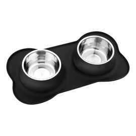 Qiveno 2Pcs Stainless Steel Dog Bowls with No Spill Silicone Mat - Non-Skid Pet Water and Food Feeder Bowls for Small Medium Large Dogs, Cats Puppies, Indoor/Outdoor Use (Black)