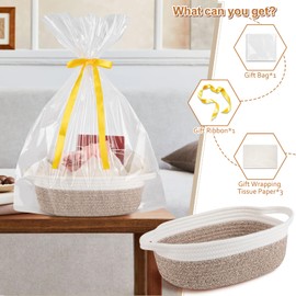 OIAHOMY Cesta de regalo vacía con asa, cesta tejida pequeña de 12 x 8 x 5 pulgadas con bolsa de regalo, cinta y papel de seda, almacenamiento de juguetes para perros para organizar, café y blanco
