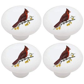 SET OF 4 CARDINAL BIRD DESIGN #1058 - Cardinals - DECORATIVE Glossy CERAMIC Drawer PULL Dresser KNOB