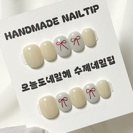 Red Ribbon Handmade Nail Tips - Mini Coffin / 레드 리본 수제네일팁 - 미니코핀