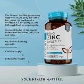 Nutravita Zinc Tablets 50mg – 365 Vegan Tablets for 6 Months Supply – Zinc Supplement High Strength for Maintenance of Normal Immune System, Bones, Hair, Skin & Nails – Made in The UK