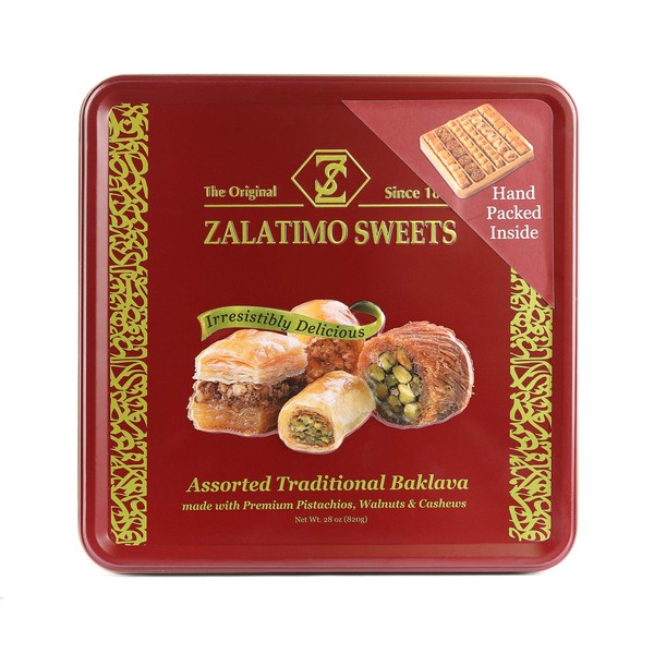 Zalatimo Sweets Since 1860, 100% All Natural Assorted Baklava, Slightly Sweet Baklava in Square Metal Gift Tin, No Preservatives, No Additives, No Corn Starch, No Syrups! 1.8Lbs