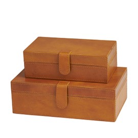 Deco 79 Leather Handmade Decorative Box Storage Decorative Keepsake Boxes with Snap Front Closure and Detailed Stitching, Set of 2 Storage Boxes 10", 8"W, Brown