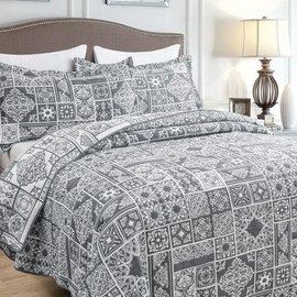 Asuexpect 3 Piece Grey Patchwork Bedspread Sets King Size, Boho Reversible Jacquard Bedding Set for All Season, Soft Lightweight Comforter Bedspread Coverlet Set (106''x96'') with 2 Shams