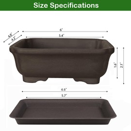 MUZHI 2PACK Unglazed 6” Ceramic Bonsai Pot with Humidity Trays, Breathable Handmade Rectangle Bonsai Planter for Starter Bonsai Tree, Juniper,Ficus, Money Tree