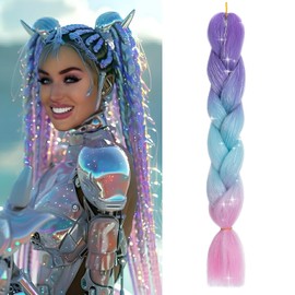 Benehair 24 Inches Braiding Hair Sparkly Braids Extensions Hair with Tinsel Mashup Colorful Synthetic Hair for Braid Hair Extensions for Women(Purple-Sky Blue-Pink, 105g)