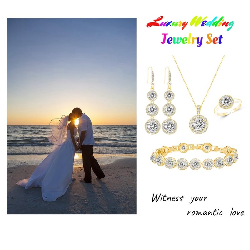 LMXXVJ Wedding Diamond Jewelry Set for Bridal Bridesmaid,Round White Cubic