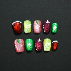 Tesytto 3D Watermelon Lemon Press on Nails - Short Square Fruit Style Nail Design, Thick Acrylic Full Set Reusable Summer Nails (Fruit Party,M)