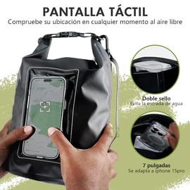 Bolsa Seca Impermeable para Senderismo, 5L Mochila a Prueba de Agua con Bolsa para Teléfono, Correa de Hombro Ajustable, Ideal para Kayak, Rafting, Natación, Mochila Impermeable, Senderismo (Negro）