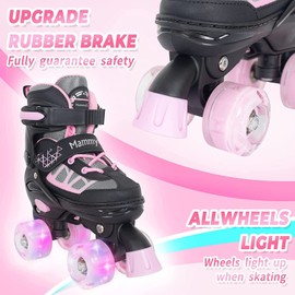 MammyGol Roller Skates for Kids Boys Girls, Adjustable Quad Skates with Light Up Wheels for Toddler Little Kids Ages 6-12 Size 9C 10C 11C 12C, Beginners Outdoor Sports, Pink