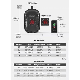 JULIAQUA Aquarium Heater with Temperature Display, Adjust Aquarium Heater, Heating Rod for Fish, Heater for Turtle 25W/50W/100W/150W