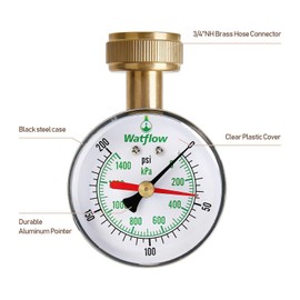 Watflow 2-1/2" Water Pressure Test Gauge, Garden Hose Pressure Gauge, House Water Pressure Gauge, 3/4" Female Hose Thread, 0-200 psi/kpa with Drag Pointer