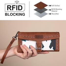 Montana West X Wrangler - portafolios para mujer, diseño occidental para mujer, portafolios grande con soporte desmontable para tarjetas de crédito, Vaca-turquesa