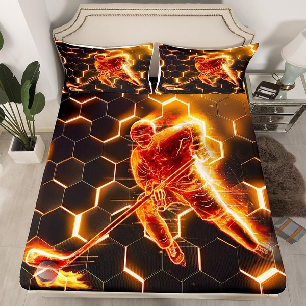 Homewish Ice Hockey Single Bedding Set Neon Orange 3D Honeycomb Fitted Sheet,Pucks Gifts Sports Bed Sheets for Boys Girls Kids Bedroom Decor,Hexagon Beehive Geometry Sheets