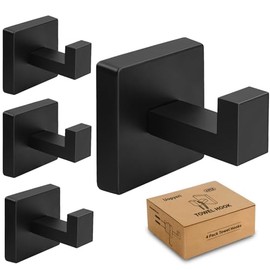 4 Pack Matte Black Towel Hooks for Bathroom, Heavy Duty 33lb Stainless Steel Wall Hooks, Modern Square Robe Hook Screw Mounted for Hanging Coats, Hats, Bags, Rustproof Hardware