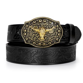 JASGOOD Men Leather Western Cowboy Belt Engraved Longhorn Buckle Belt for Men Women Cowgirl Western Belt for Jeans,Black