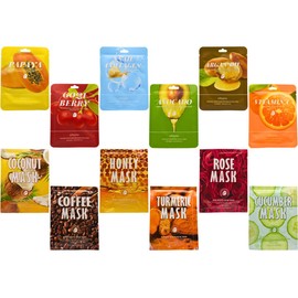 Kit de 30 Mascarillas faciales coreanas surtidas - Aguacate, Colageno de caracol, baya Goji, Papaya, Vitamina C, Aceite de Argan, Crcuma, Miel, Caf,  