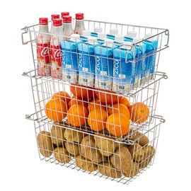 SANNO Stackable Chest Freezer Baskets Organizer Bins, Stackable Wire Baskets For Pantry Storage and Organization With Sturdy Metal Food Baskets Pantry Organized,set of 3