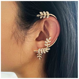 Allereya Vintage Cz Leaf Ear Cuff Earrings Zircon Leaf Ear Climber Crawler Earrings Gold Leaf Cuffs Wrap Earrings Crystal Wreath Earrings No Piercing Clip Earrings Jewelry for Women and Girls(Gold)