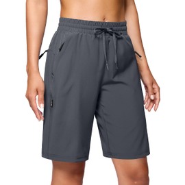 SANTINY Women's 7''/ 9'' Hiking Shorts with 3 Zipper Pockets Lightweight Quick Dry Long Athletic Golf Shorts for Women Casual(Dark Grey_L)