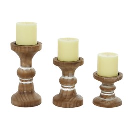 Deco 79 Wood Decorative Candle Holder Beaded Pillar Candle Stand, Set of 3 Candlestick Holder 4", 6", 8"H, Brown