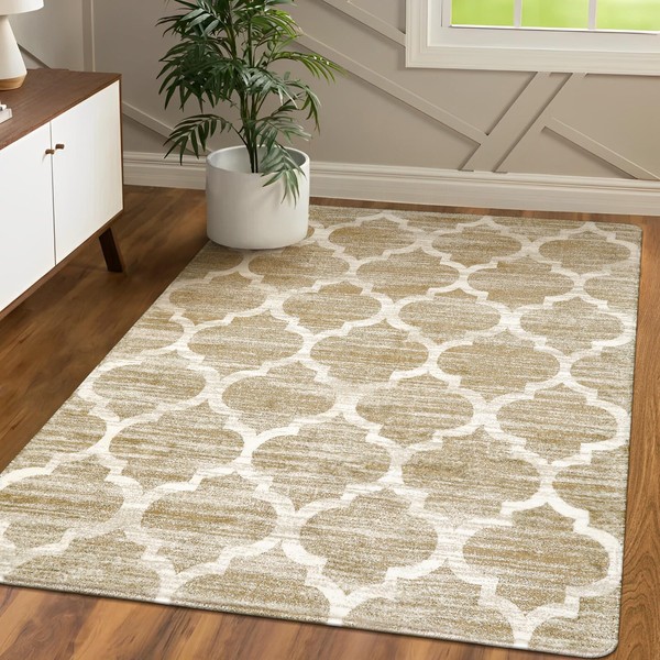 Lahome Moroccan Washable Living Room Carpet - 3x5 Area Rugs for Bedroom Aesthetic Non-Slip Throw Office Kitchen Rug Taupe Print Distressed Indoor Floor Carpet for Bathroom Laundry Room Dining Room