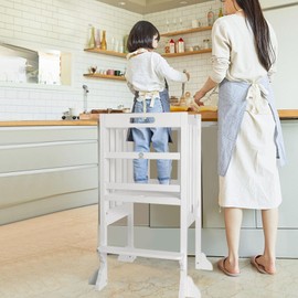 Kitchen Step Stool Helper - WOOD CITY Montessori Foldable Toddler Standing Tower for Toddlers with Safety Rail Height Adjustable Ideal Helper for Learning New Skills Natural Pine Wood (White)