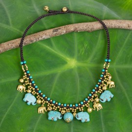 NOVICA Artisan Handmade Waterfall Necklace Crafted with Brass Blue Calcite Elephants Turquoise Gold Tone Brown Thailand Animal Themed [18.5 in min L x 19.75 in max L 4 mm W Pendant(s) 1.2 in L x 8 I]