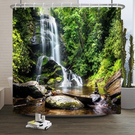 Xiaoterna Nature Shower Curtain Spring Waterfall Bathroom Curtain Tropical Jungle Green Forest Landscape Moss Stone River Washable Shower Curtain Waterproof Bathroom Home Decoration 180x200cm