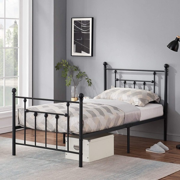 VECELO Twin Size Metal Platform Bed Frame with Headboard and Footboard, Sturdy Steel Slat Support/No Box Spring Needed Mattress Foundation/Easy Assemble，Victorian Style,Matte Black