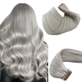 Platinum Silver Sew in Hair Extensions Extensions Real Human Hair Weft, Gray Color Hand Tied Weft Hair Extensions Human Hair Weave Bundles Seamless Genius Weft Human Hair Wefts 14 Inch 80G Full Head