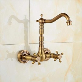 LWJUWOKL Antique Wall-Mounted Kitchen Tap Copper Hot and Cold Water Mixer Kitchen Sink Faucet Retro Faucet Double Handle Retro Swivel Spout Torneira Cozinha