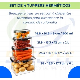 BREEZEE Set de 4 Tupper de PET con Tapa Hermetica, Ideal para Organizador de Refrigerador o Cocina, 4 Medidas Diferentes, Ideal para Alimentos o Cualquier otro Tipo de Objetos, Organizacion del Hogar