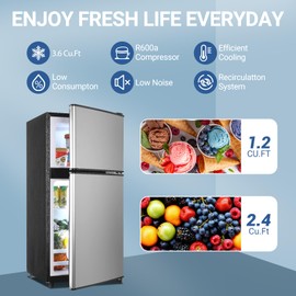 Borcolo Dorm Fridge with Freezer, Small Refrigerator 3.6 Cu. Ft. with Freezer for Apartment, Temperature Adjustable Apartment Size Fridge for Kichen, College, RV, Office, Silver