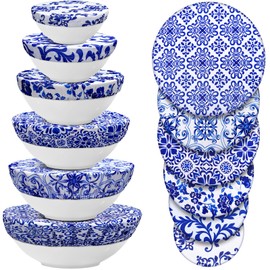 CHENGU 12 Pcs Reusable Bowl Covers Bulk 5 Size Elastic Cloth Fabric Bowl cover for Bread Proof Rising Sourdough Dish Food Stretchy Storage(Blue Ceramic Style,Blue)
