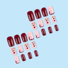 Christmas Press on Nails Short Square Fake Nails with Designs Winter Hat French Tip Nails Press on Acrylic Nails Cute Elk Artificial Nails Elk Red Glue on Nails Xmas False Nails for Women