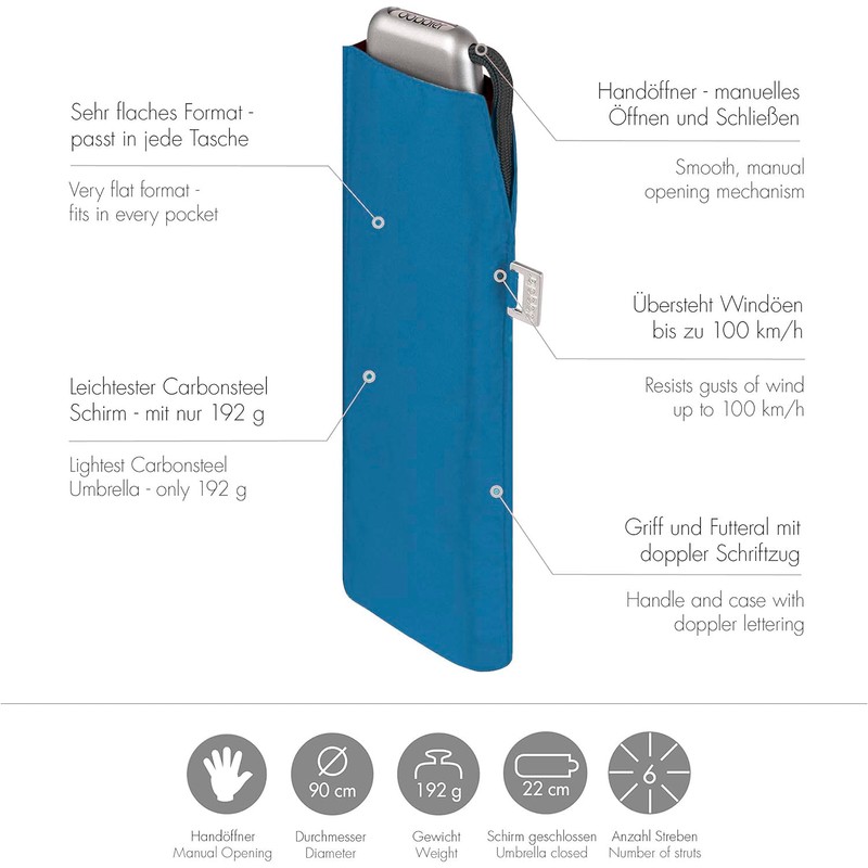 Doppler Carbon Steel Slim Plain Pocket Umbrella - Handy Format